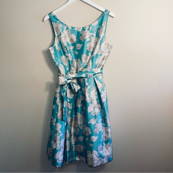 Jessica Howard Turquoise White Taupe Belted Fit And Flare Swing Dress - Picture 11 of 16